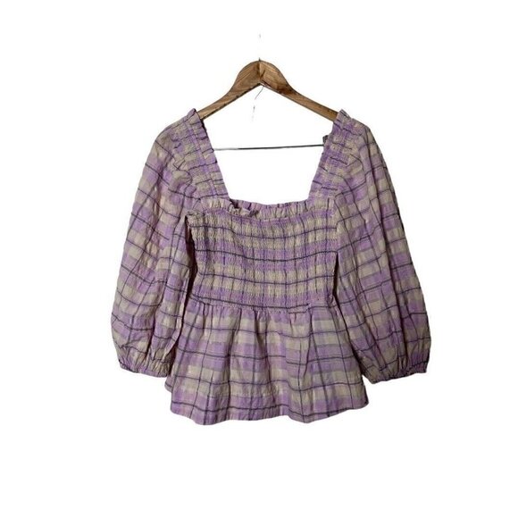 Ganni Seersucker Check Purple Balloon Sleeve Top Blouse 8 - Picture 3 of 7